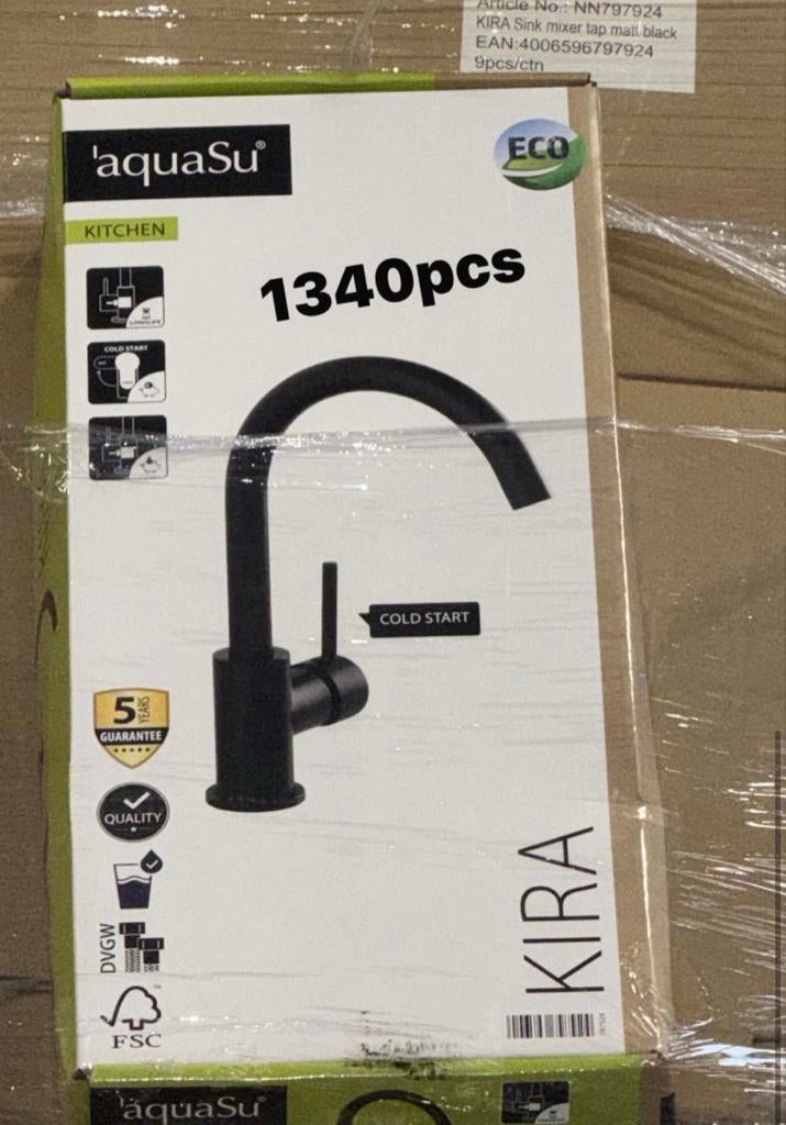 Partij 1340x aquaSu KIRA Keukenkranen Mat Zwart Nieuw, Doe-het-zelf en Verbouw, Sanitair, Ophalen of Verzenden, Nieuw, Kraan