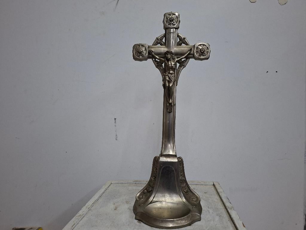 antiek staand tinnen kruisbeeld, Antiek en Kunst, Antiek | Religie, Ophalen of Verzenden