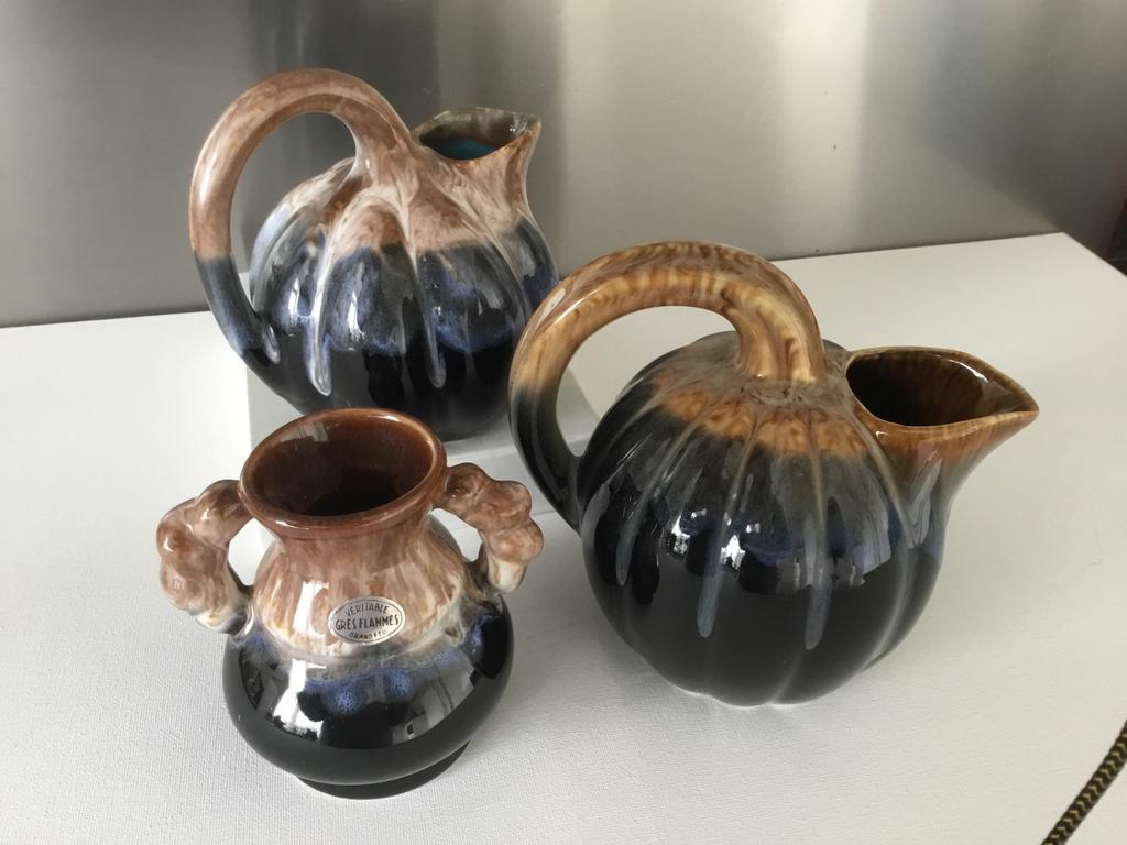 Frans Keramiek Gres Flammes ,2 Kruikjes 17cm Vaas 11,5 cm, Ophalen of Verzenden