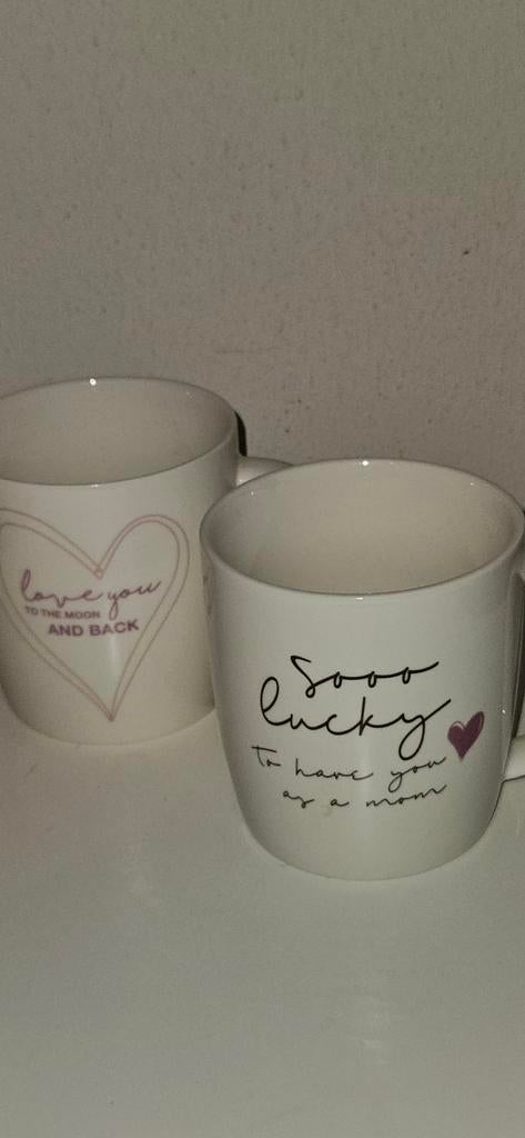 2 tekstmokken samen voor maar € 4,00, Ophalen of Verzenden, Zo goed als nieuw, Overige stijlen, Kop(pen) en/of Schotel(s)