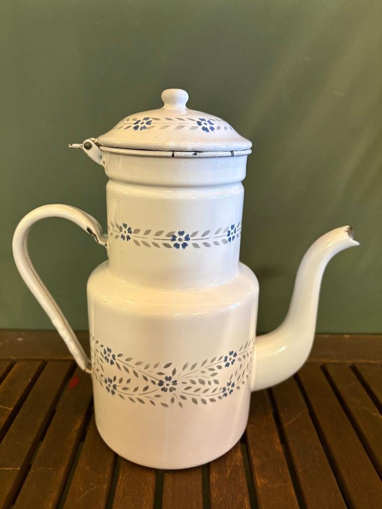 Wit Emaille Koffiepot met Filter en opdruk., Ophalen of Verzenden
