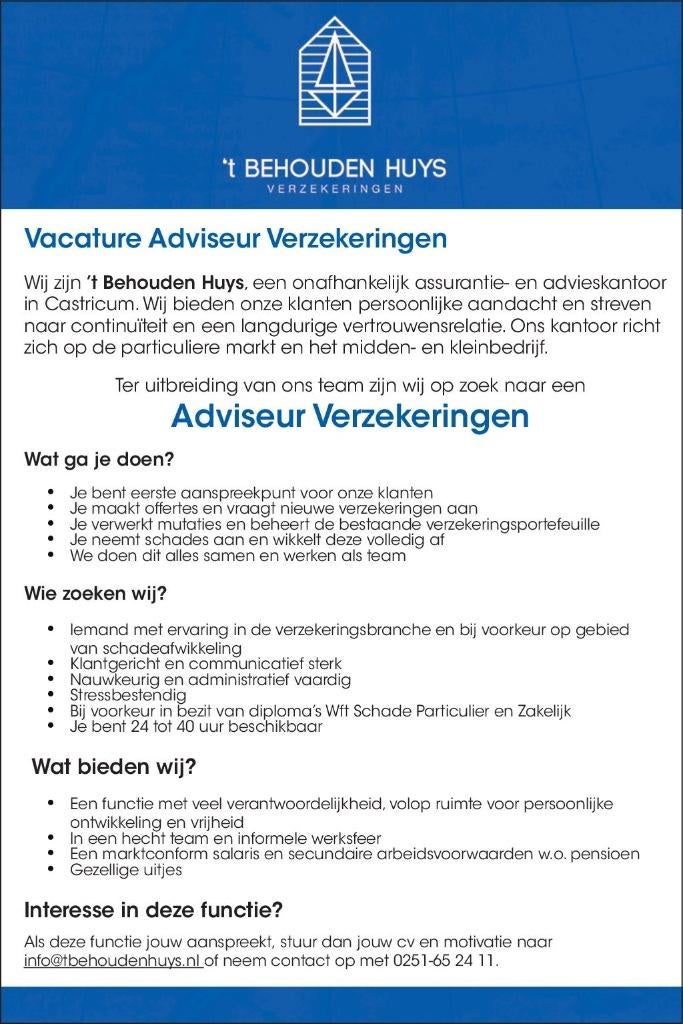 vacature Adviseur Verzekeringen, Overige uren, Overige niveaus, Starter, Overige vormen