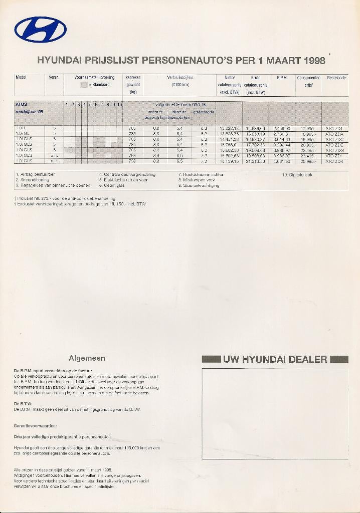 Prijslijst Hyundai Atos, maart 1998, Ophalen of Verzenden, Nieuw, Overige merken