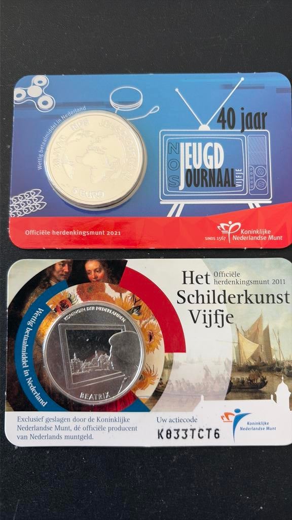 Jeugdjournaalvijfje en schilderskunst vijfje in coincard, Koningin Beatrix, Zilver, Euro's, Ophalen of Verzenden