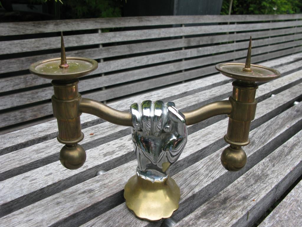 TWEE-ARMIGE KANDELAAR VUIST BRONS + RVS UNIEK DESIGN, Ophalen of Verzenden