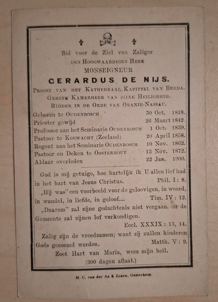 Bidprentje Oudenbosch 1818, Oosterhout 1900, de Nijs, Verzamelen, Bidprentjes en Rouwkaarten, Ophalen of Verzenden