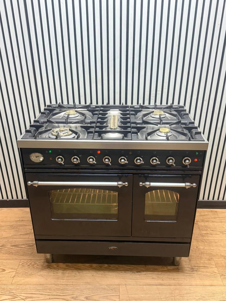 Luxe Boretti Fornuis 5 pits antraciet/chroom 2 ovens 90 cm, Fornello Esperta, Ophalen of Verzenden, Zo goed als nieuw, Energieklasse A of zuiniger