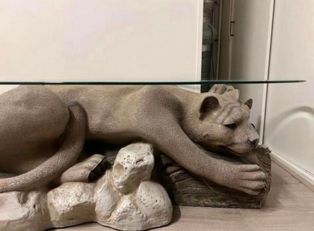 Glazen tafel met uniek panter onderstel, 100 tot 150 cm, Ophalen of Verzenden, Minder dan 50 cm, Rechthoekig