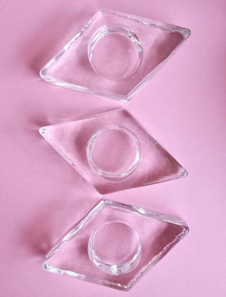 Vintage 60s 70s design kandelaar ruit glas waxinelichthouder, Ophalen, Overige materialen, Zo goed als nieuw, Kandelaar