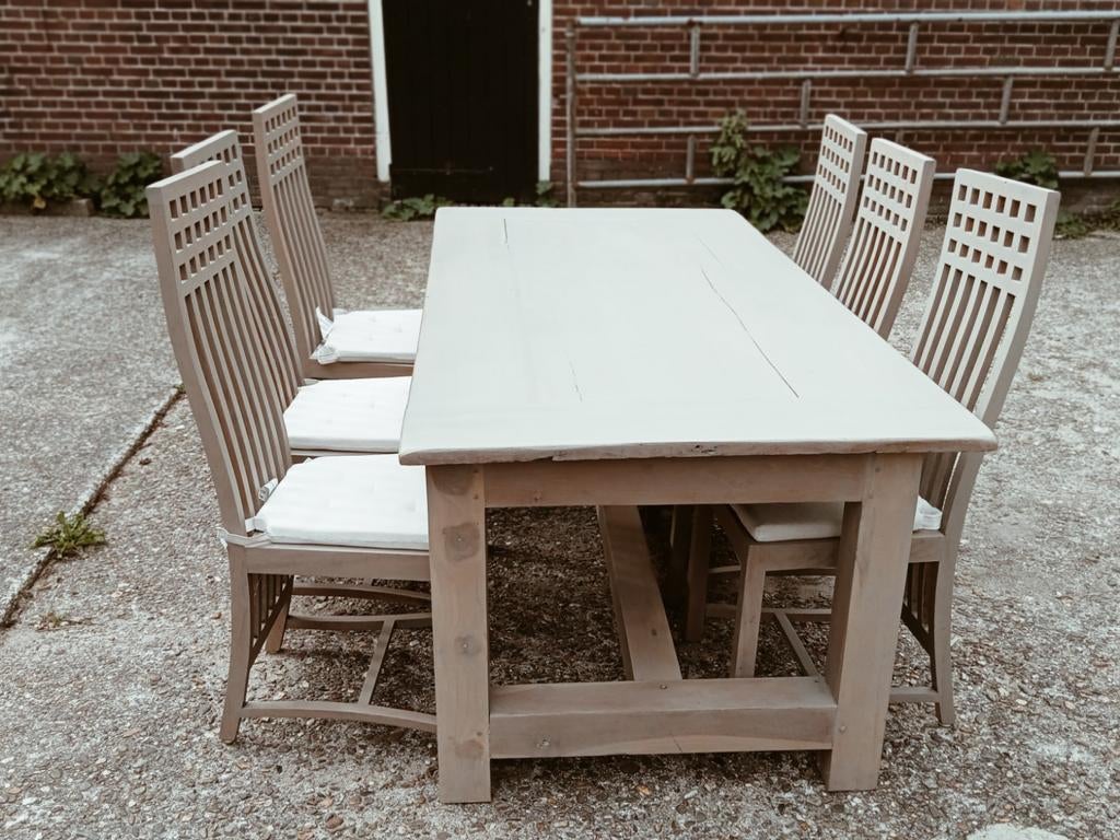 robuuste hardhouten eethoek zes persoons, Ophalen, Gebruikt, 100 tot 150 cm, Teakhout