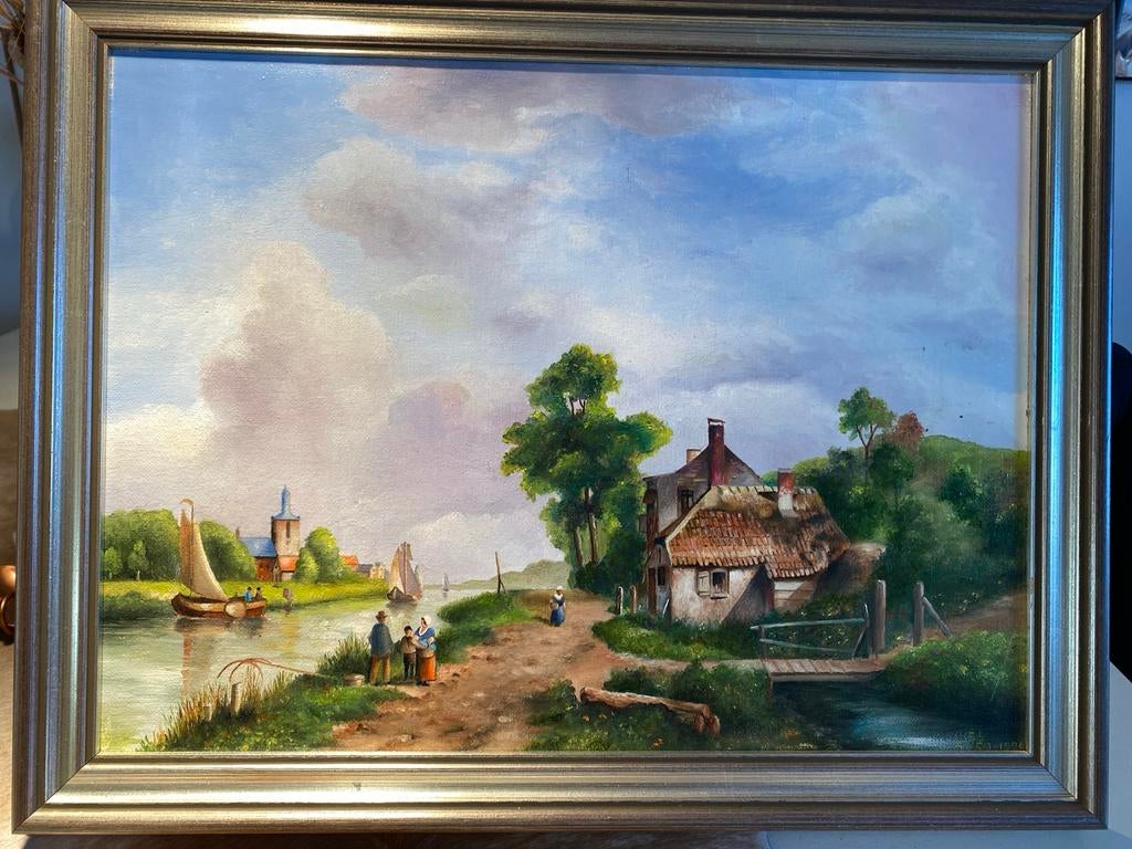 Schilderij van een landschap met huis en water, Antiek en Kunst, Kunst | Schilderijen | Klassiek, Ophalen of Verzenden