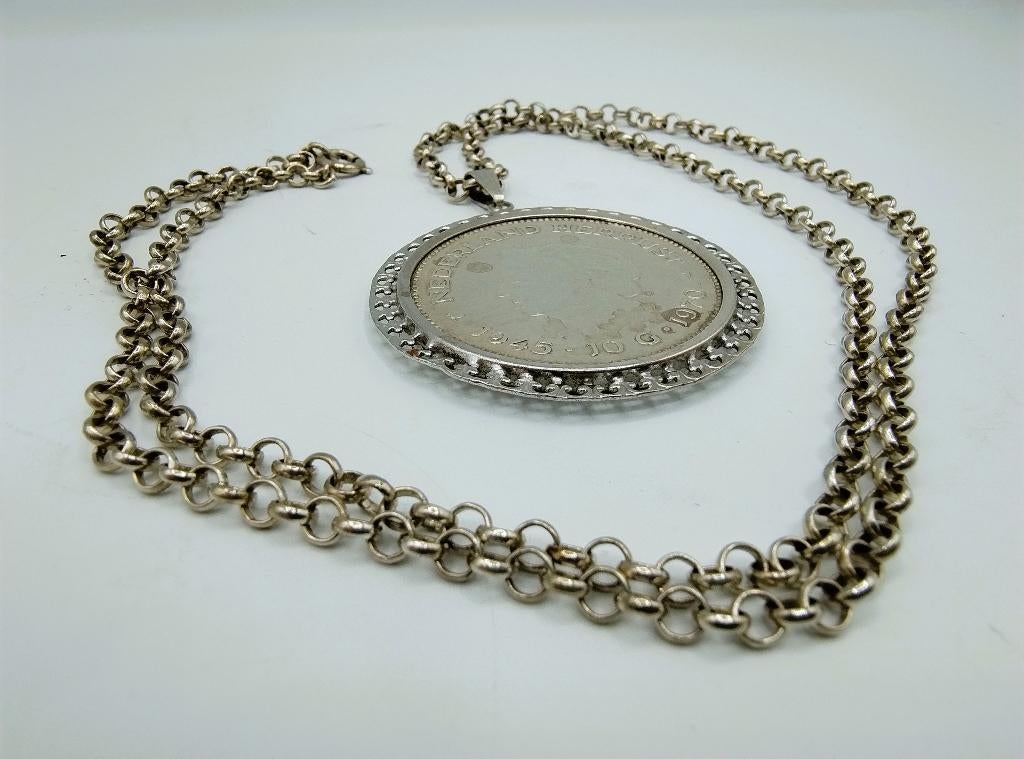 Zilveren jasseronketting met zilveren 10 gulden hanger., Met hanger, Gebruikt, Info@zilverwebsite.nl, Verzenden