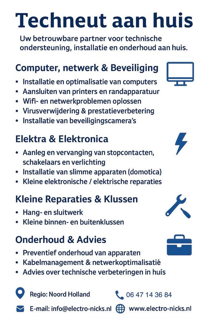 Techneut aan huis of op de zaak, Ophalen, Info@electro-nicks.nl, Electro-nicks.nl, Nieuw