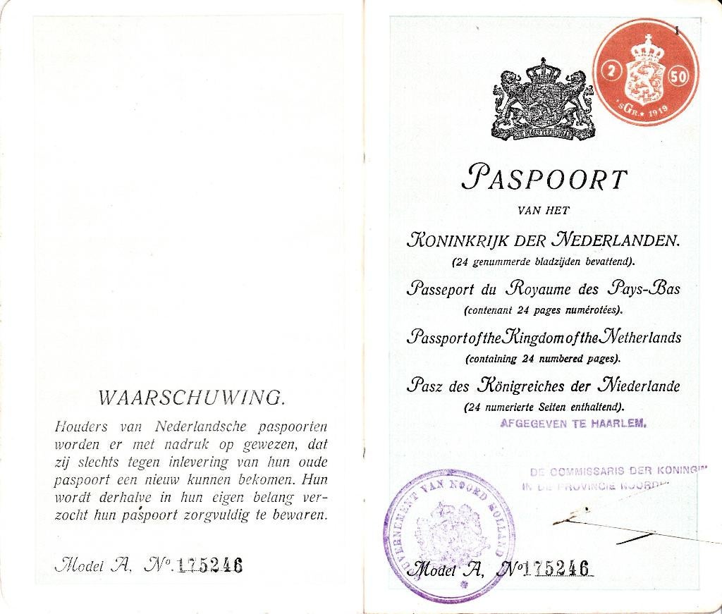 PASPOORT  1920, Ophalen of Verzenden, Landmacht, Nederland