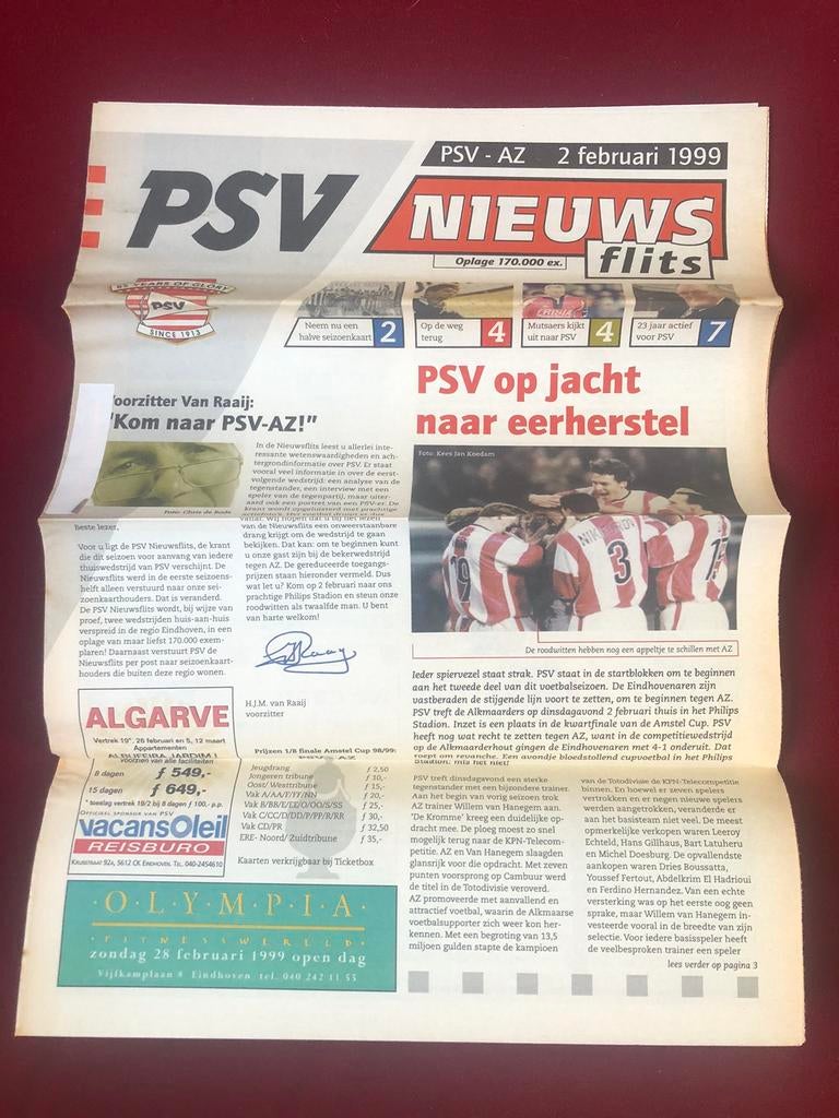 PSV Nieuwsflits krant wedstrijd tegen AZ febr. 1999, Ophalen of Verzenden, Zo goed als nieuw, PSV