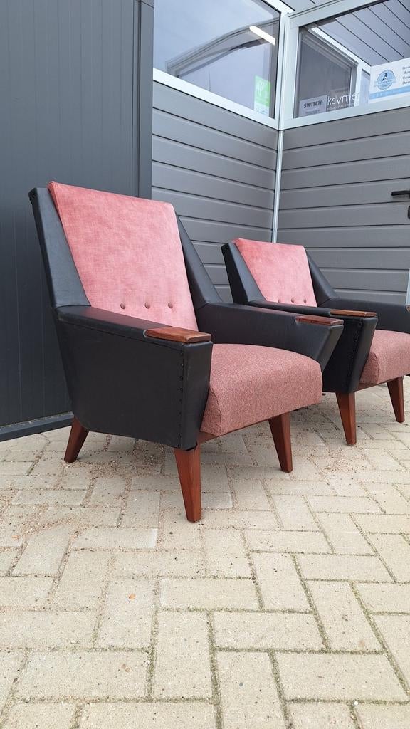 Set van 2 retro vintage fauteuils, salon zetels, stoelen, Huis en Inrichting, Tafels | Salontafels, Ophalen, Gebruikt, 50 tot 100 cm