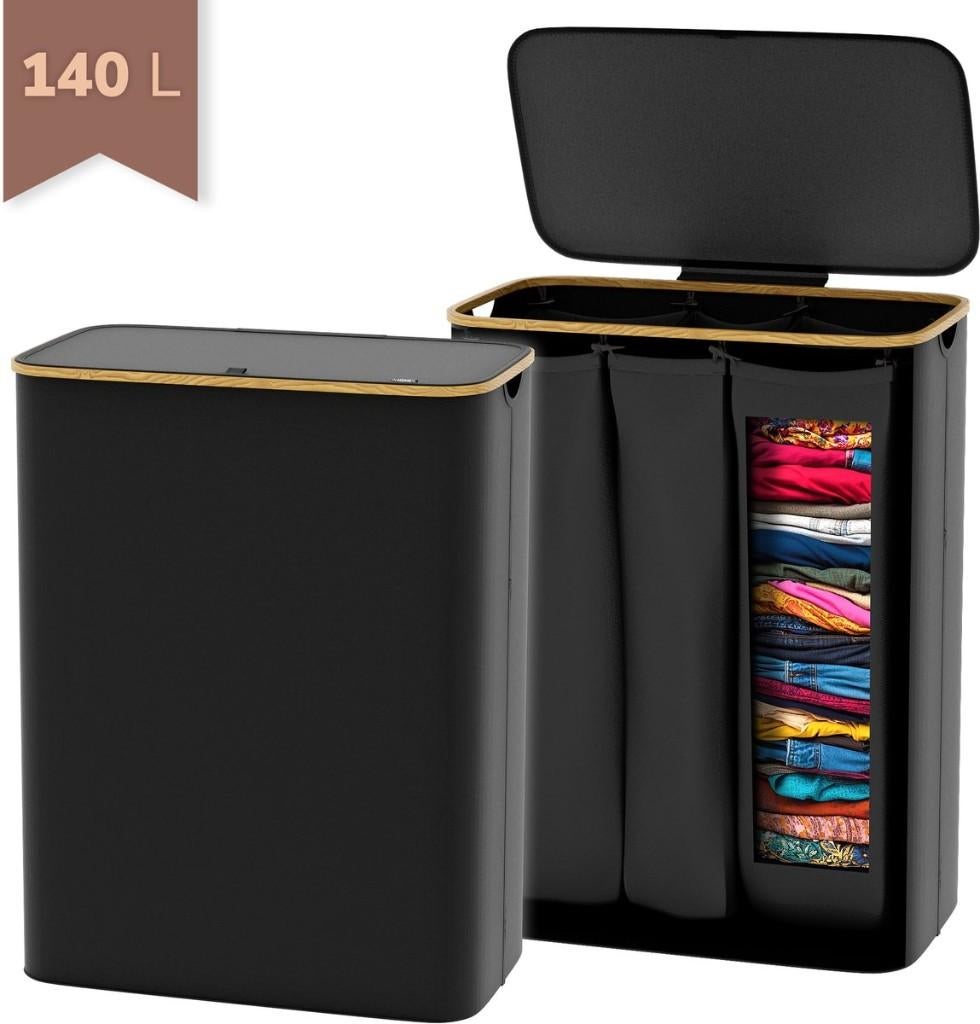 Wasmand 3Vakken 140L-57x37x75cm-Opvouwbare Wasmand met Dekse, Ophalen of Verzenden, Nieuw, Zwart, Badmat