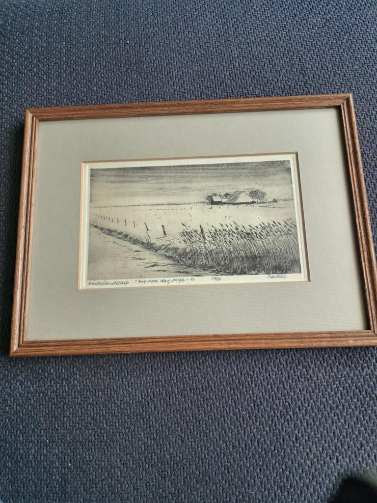 Piet de vries ets winterlandschap "dag ouwe dag jonge ", Antiek en Kunst, Ingelijst, Ophalen of Verzenden, Landschap, 1950 - 1999