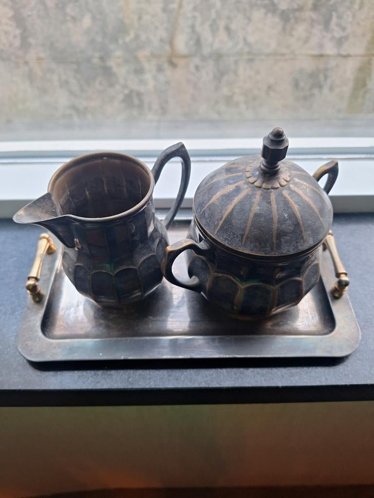 Elegant Zilver- en Bronskleurig Theeservies met Plateau, Antiek en Kunst, Antiek | Goud en Zilver, Ophalen of Verzenden