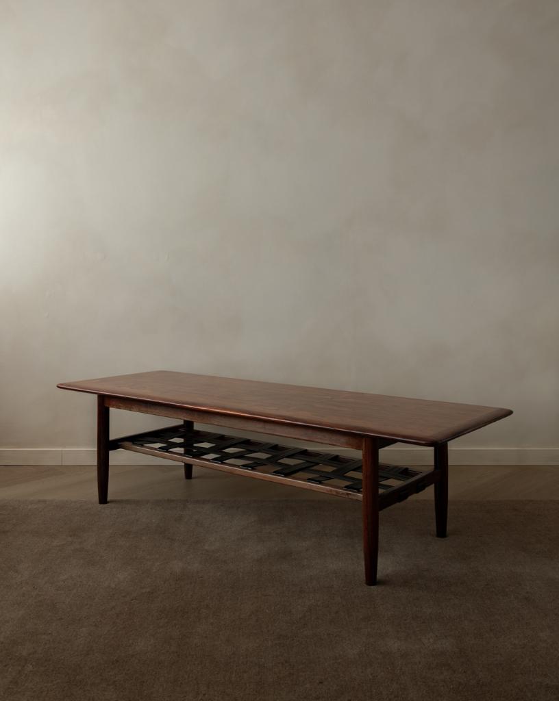 Vintage palissander salontafel met leren rek Topform 1960s, Ophalen