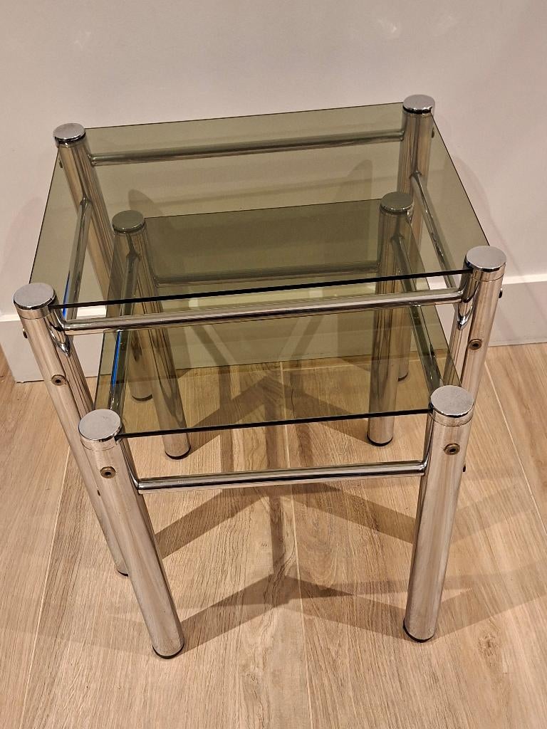 2 glazen bijzet tafeltjes vintage art deco, Minder dan 55 cm, Vierkant, Modern, Ophalen