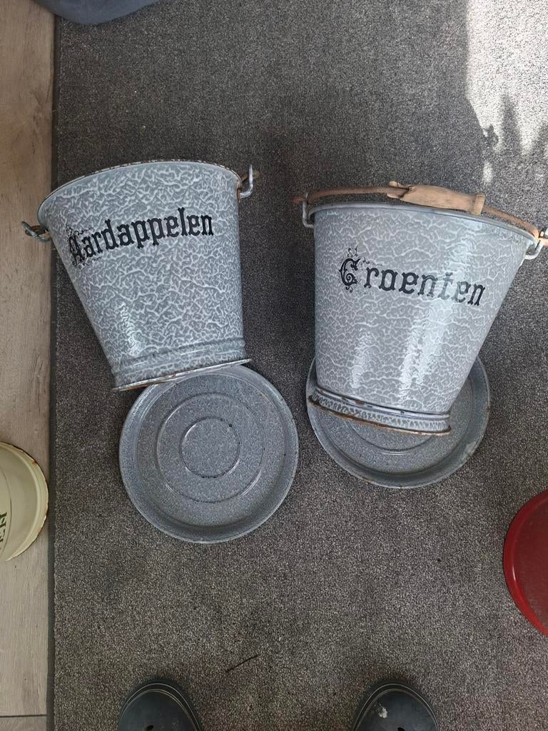 2 emaille emmers grijs gewolkt, Ophalen of Verzenden, Gebruikt, Kunststof