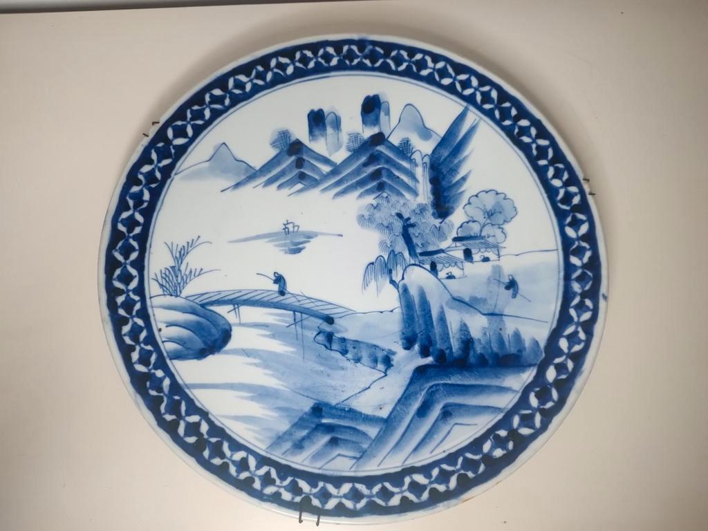 Groot antiek blauw porselein Japans bord 19e eeuw, Ophalen