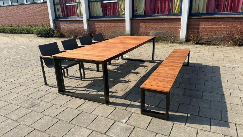 Grote Luxe Bristol Teak Tuinset – Tafel, Bank & 4 Stoelen, Ophalen, Zo goed als nieuw, Rechthoekig, Teakhout