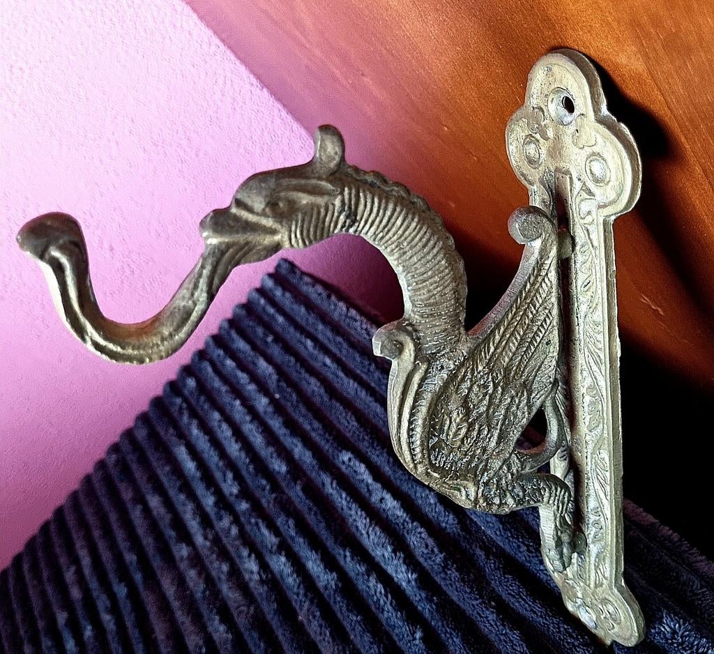 Vintage Messing Draak Phoenix Griffioen Haak / Deurbelhouder, Ophalen