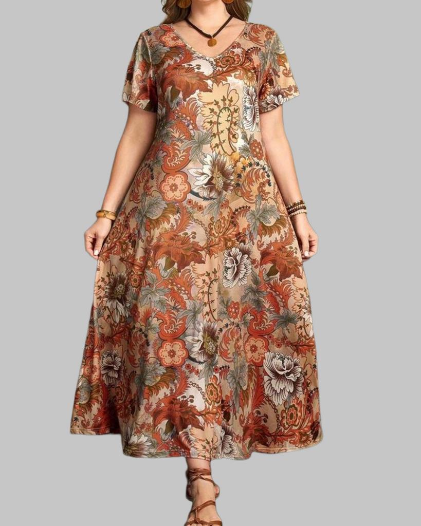 Maxi Jurk met Bloemenprint en Korte Mouwen (46-54), Verzenden, Nieuw, Bruin, Jurk