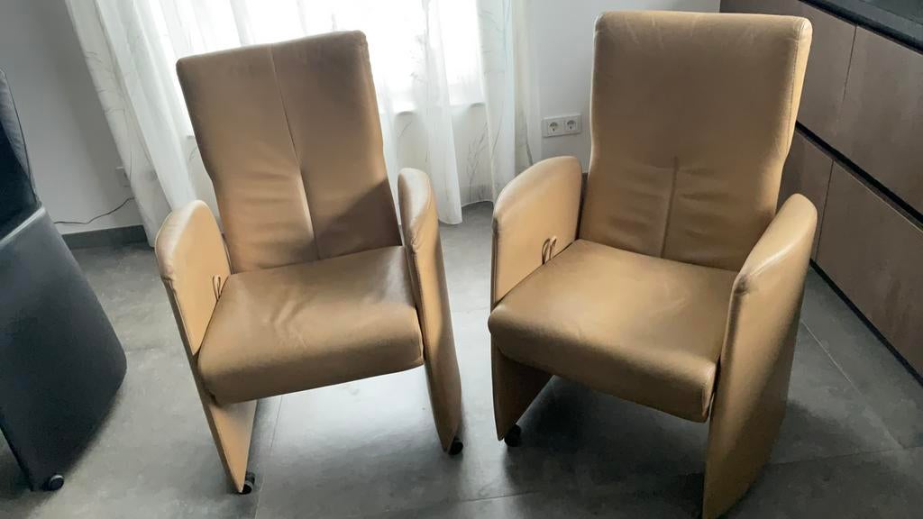 Leolux 4 fauteuils beige 200 euro, Gebruikt, Ophalen of Verzenden, 50 tot 75 cm, Leer