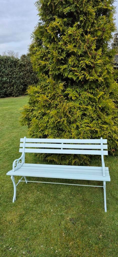 Lichtblauwe tuinbank, Ophalen, Gebruikt, Metaal