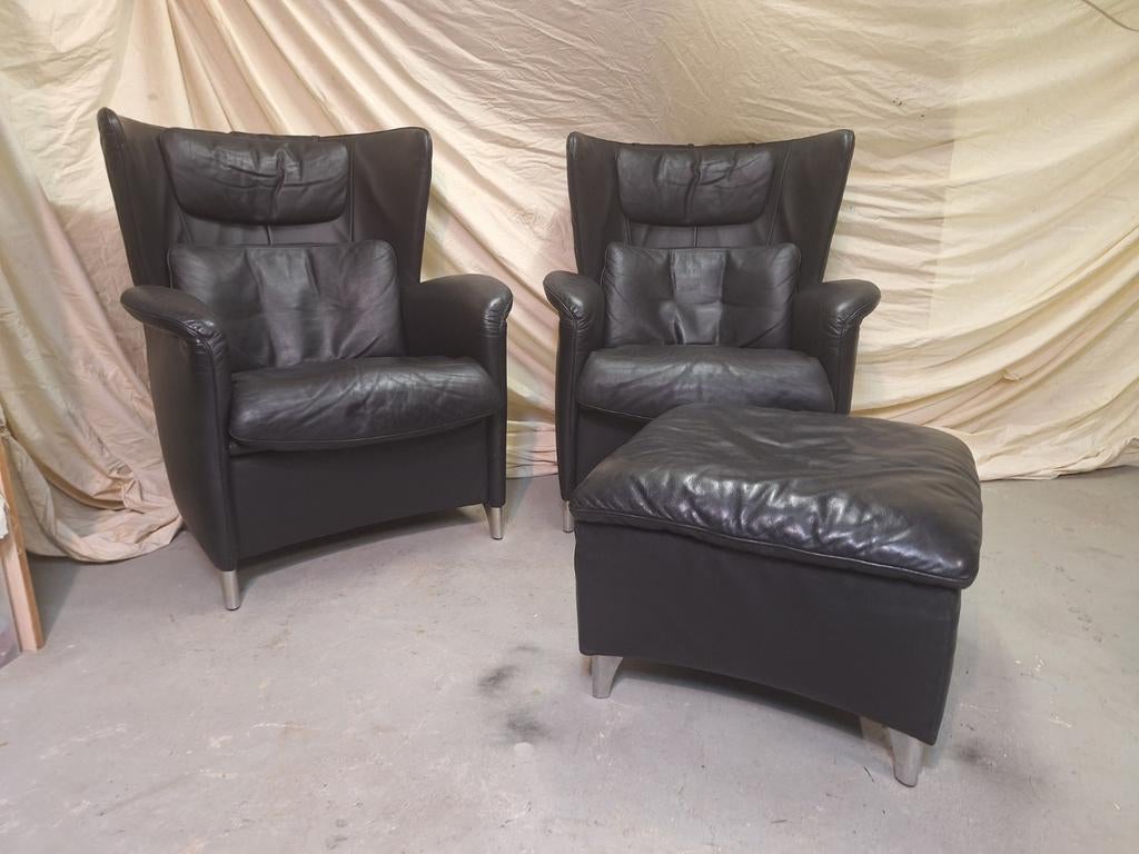 2 stuks De Sede Desede DS-23 fauteuils + Hocker zwart leer, Huis en Inrichting, Fauteuils, Ophalen, Gebruikt, 50 tot 75 cm, Leer