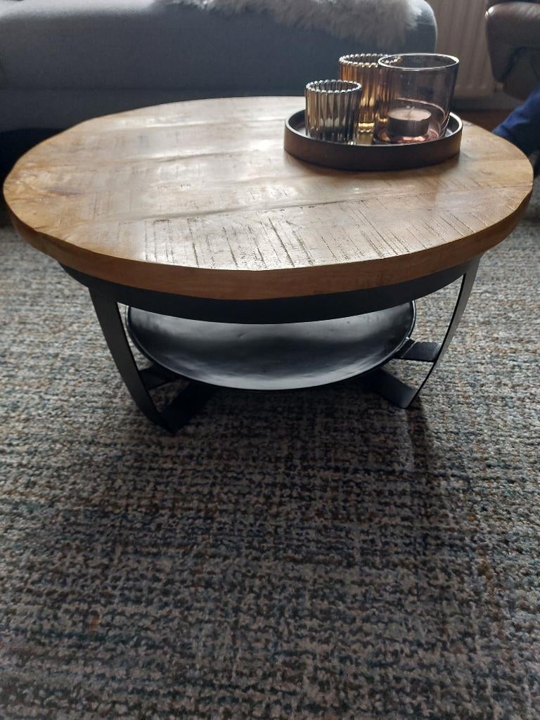 Salontafel zwart staal/mangohout, Ophalen, 50 tot 100 cm, Rond, 50 tot 100 cm