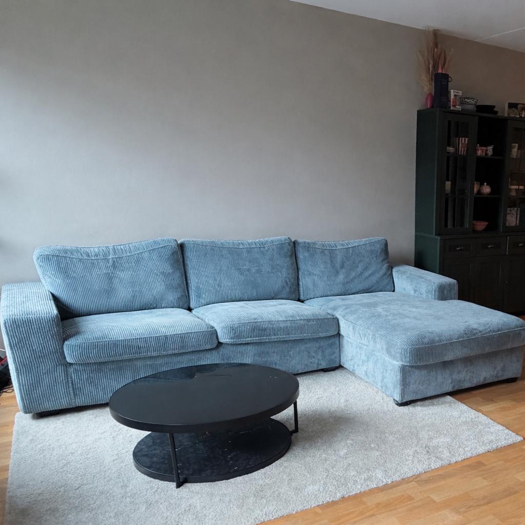 Onze mooie blauw grijze ribstof bank, Ophalen of Verzenden, Zo goed als nieuw