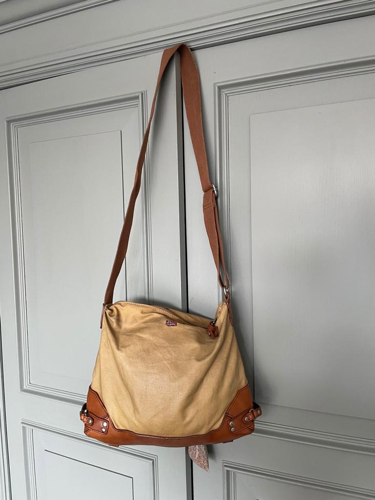 Napapijri Geographic schoudertas - Canvas & Leer - Tas-041, Overige merken, Gebruikt, Bruin, Verzenden