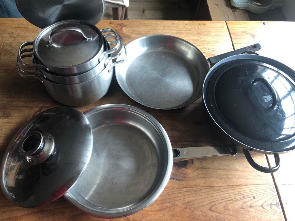 Diverse pannen: koekenpannen, braadpan, BK RVS pannen, Ophalen, Gebruikt, Rvs, Pannenset