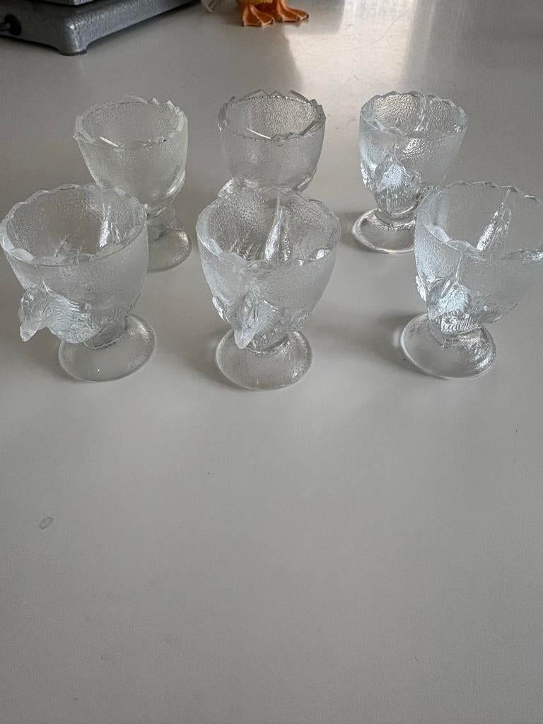 6 glazen vintage eierdopjes kip, Antiek en Kunst, Antiek | Glas en Kristal, Ophalen of Verzenden