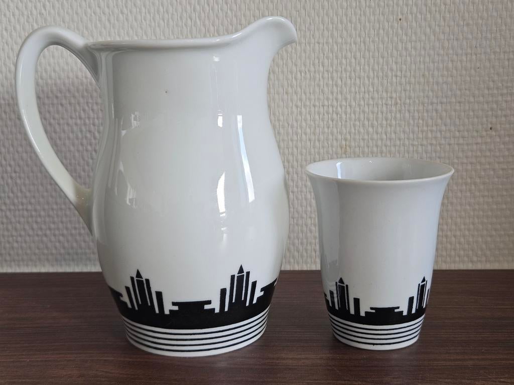 Antieke melkset kan beker Mosa Art Deco skyline porselein, Antiek en Kunst, Ophalen of Verzenden