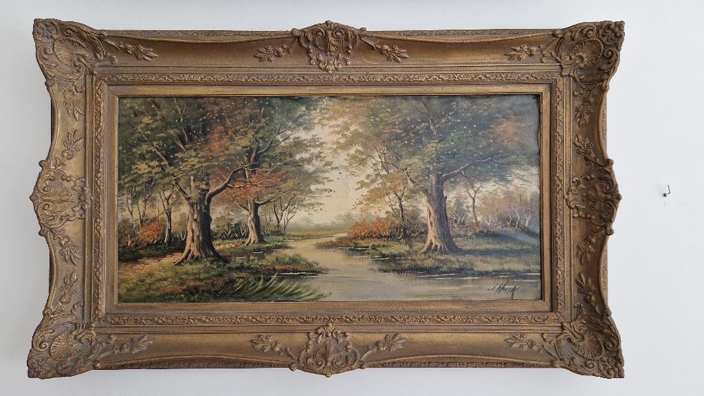 Prachtig schilderij "Beekje in het bos" SCH15, Antiek en Kunst, Ophalen of Verzenden