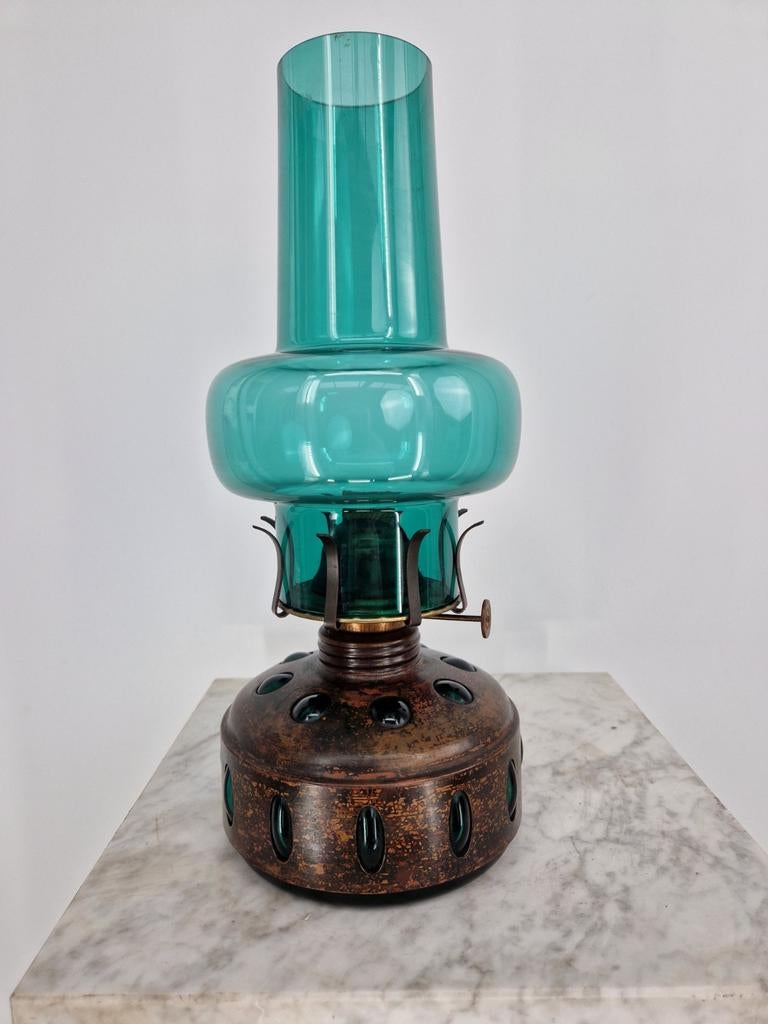 Vintage Petroleumlamp | Groen Glas | 31 cm Hoog, Antiek en Kunst, Ophalen of Verzenden