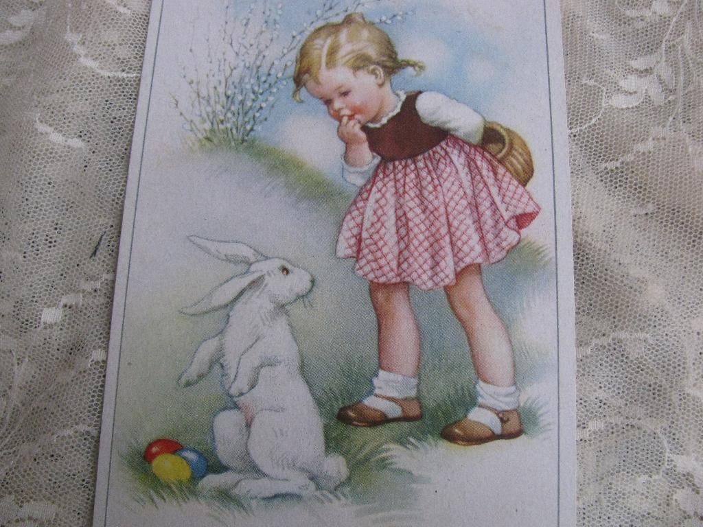Oude Kaart - Meisje & Wit Konijn / Paaseieren, Verzenden, 1920 tot 1940, Ongelopen, Feest(dag)