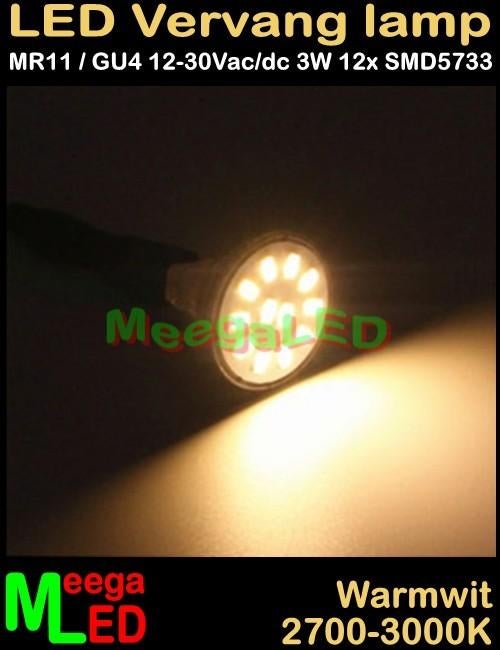 Caravan LED MR11 GU4 LEDspot LEDlamp 3W - 12SMD5733 Warmwit, Ophalen of Verzenden, Nieuw