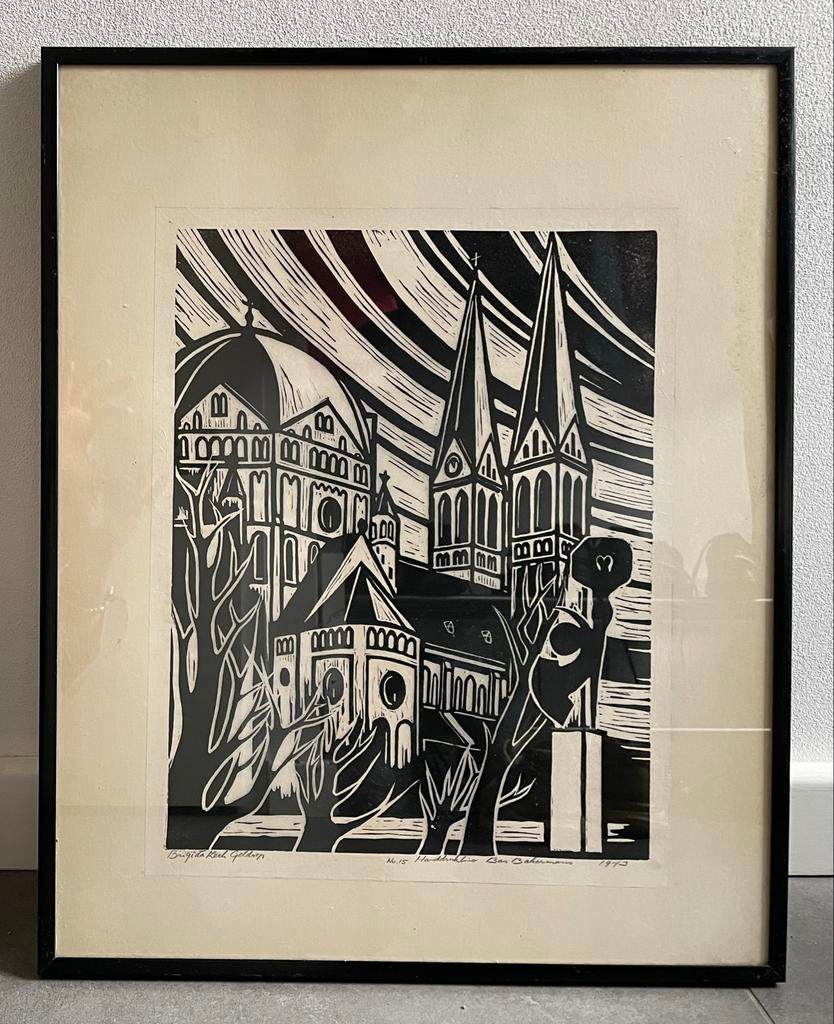 Linoleumsnede van kunstenaar Bas Bakermans, 1950 - 1999, Overige technieken, Architectuur, Ophalen of Verzenden