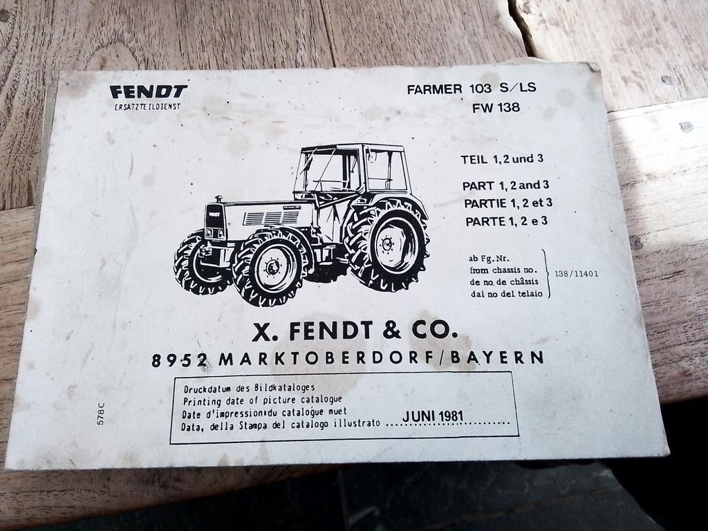 Fendt Farmer 103S/LS,tractor onderdelen boek 1981, Ophalen of Verzenden