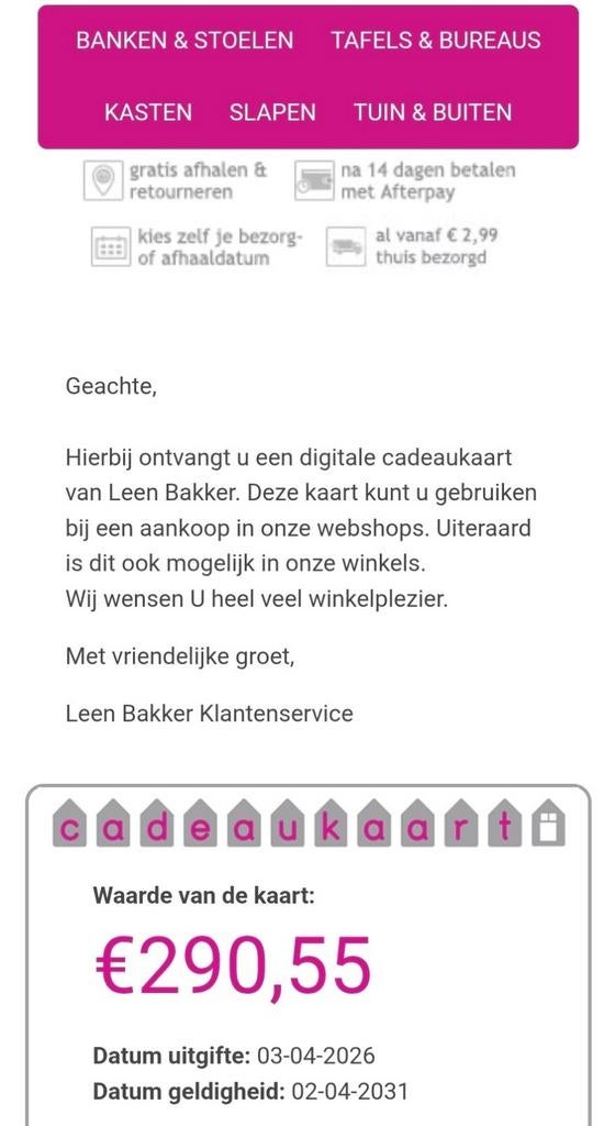 Leen bakker cadeaubon, Eén persoon
