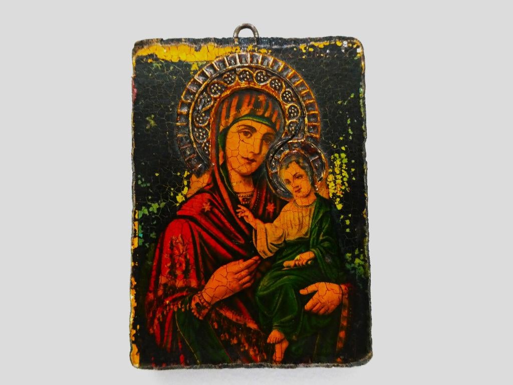 Icoon Maria en Jezus met aureool in reliëf, Ophalen of Verzenden