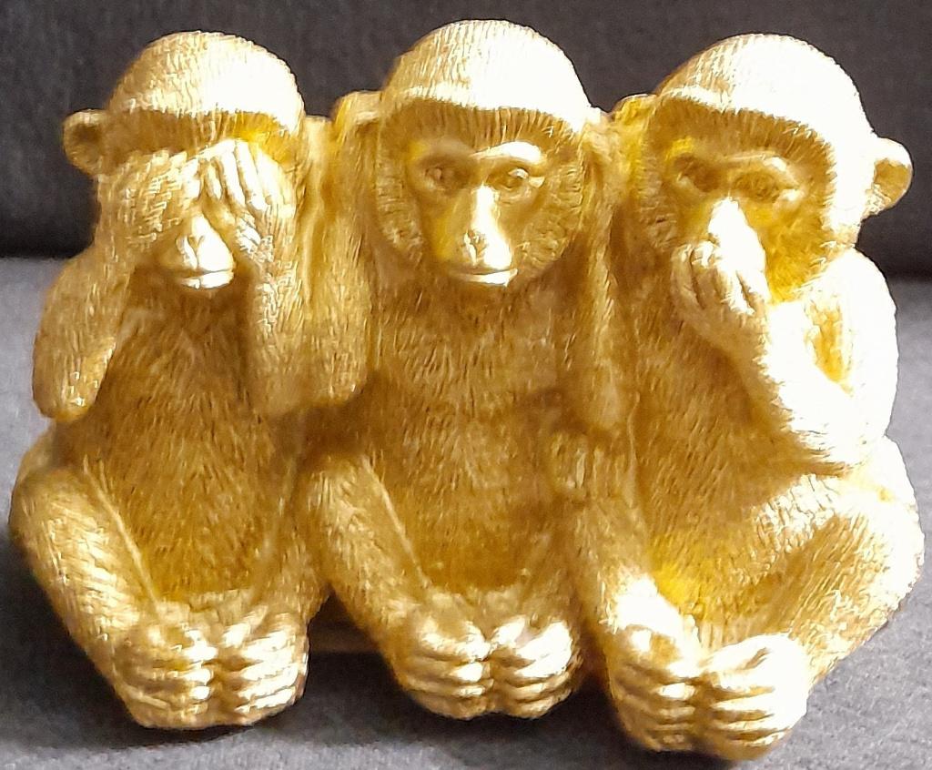 Goudkleurig beeldje drie wijze apen horen, zien en zwijgen, Verzamelen, Beelden en Beeldjes, Ophalen of Verzenden, Zo goed als nieuw