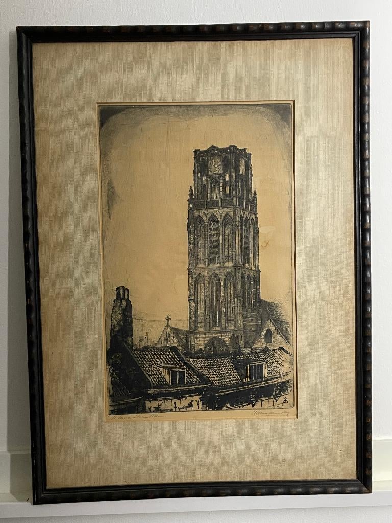 Laurenskerk Rotterdam - ets van Adrianus van der Meulen, Ingelijst, Ets, Architectuur, Ophalen of Verzenden