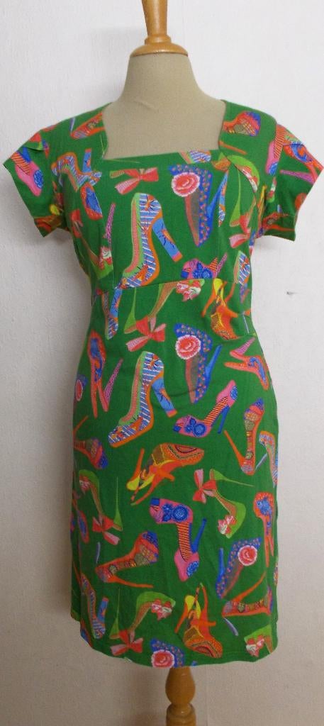 Vrolijk schoenen print groen jurkje van Lien & Giel! M, Maat 38/40 (M), Verzenden, Zo goed als nieuw, Knielengte
